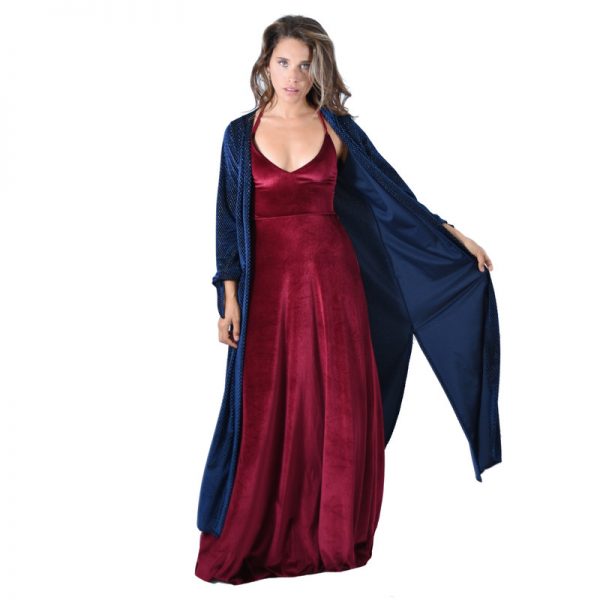 Tapado Kimono Largo Verona Azul Brillos Terciopelo Maria Paskaro