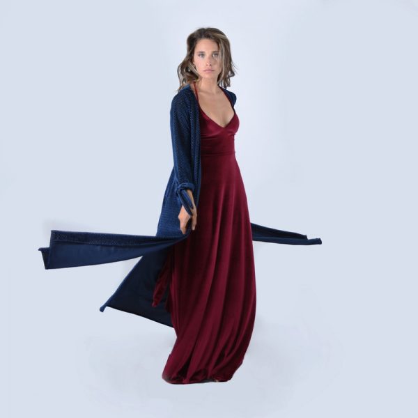 Tapado Kimono Largo Verona Azul Brillos Terciopelo Maria Paskaro - Imagen 2