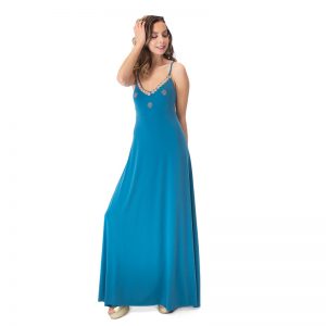 Vestido Largo Berlin Turquesa Lycra Bordado A a Mano Maria Paskaro