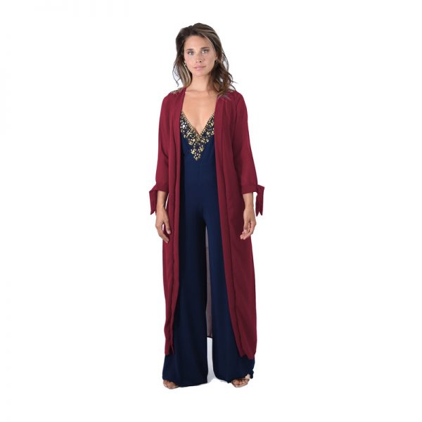 Tapado Kimono Largo Verona Rojo Italiano Chiffon Bordado Maria Paskaro