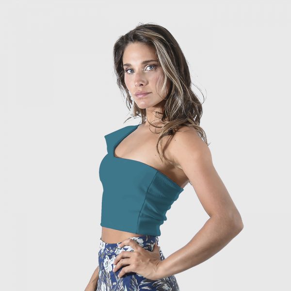 Peto Guadalajara Turquesa Lycra Sofia 1 Hombro Vuelos Maria Paskaro - Imagen 2