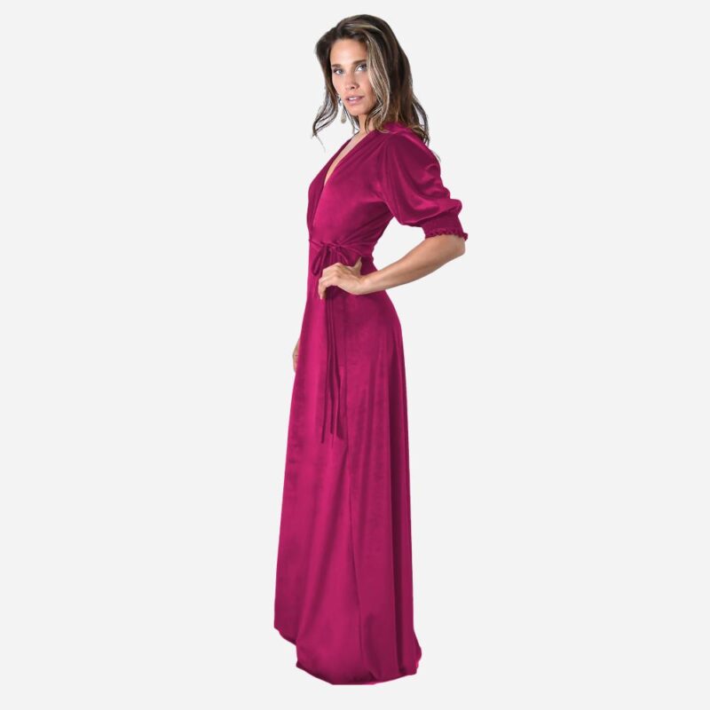 Vestido Largo Sevilla Fucsia Terciopelo Mangas  Maria Paskaro