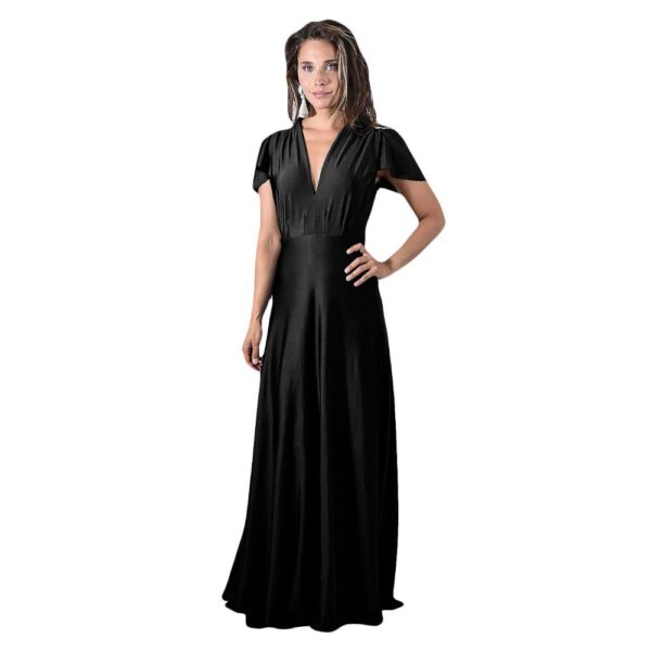 Vestido Largo York Negro Lycra Mangas  Maria Paskaro