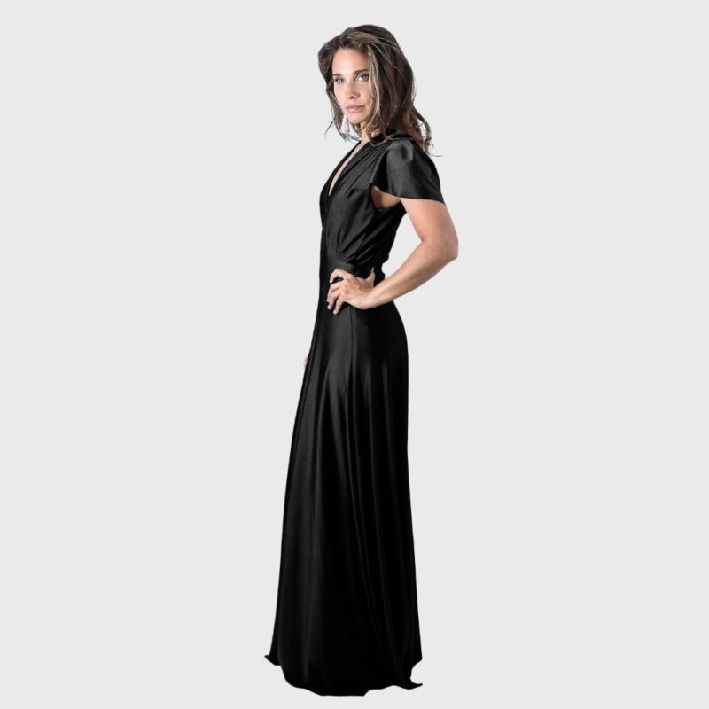 Vestido Largo York Negro Lycra Mangas  Maria Paskaro