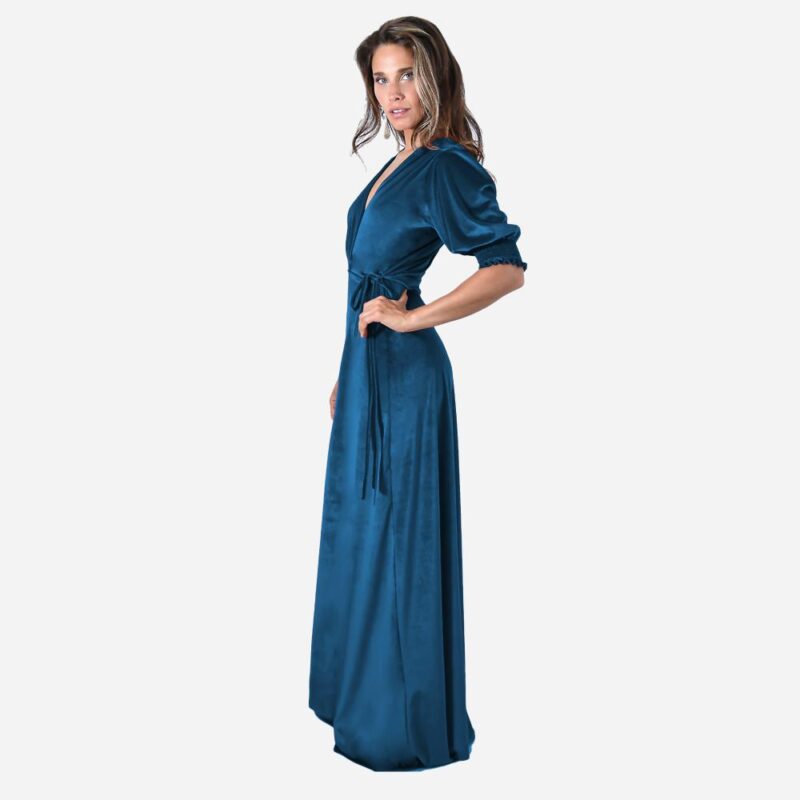 Vestido Largo Sevilla Turquesa Terciopelo Mangas  Maria Paskaro