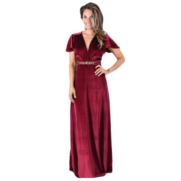 Vestido Largo York Burdeo Terciopelo Mangas  Maria Paskaro