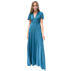 Vestido Largo York Turquesa Lycra Mangas Maria Paskaro