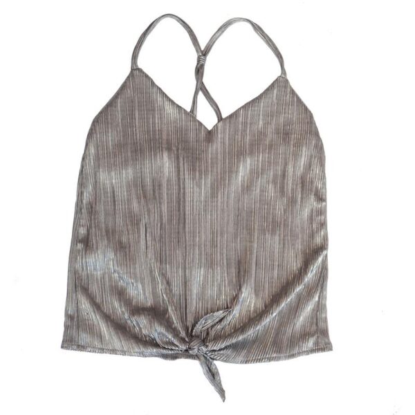 Polera Hanoi Plateado Brillante Metalizado Tirantes Nudo Delantero Maria Paskaro