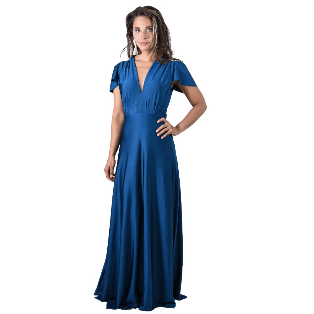 Vestido Largo York Petroleo Lycra Mangas Maria Paskaro