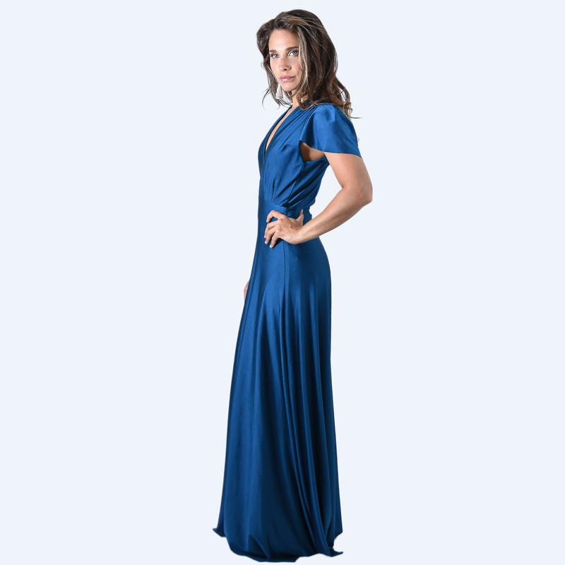 Vestido Largo York Petroleo Lycra Mangas Maria Paskaro - Imagen 2