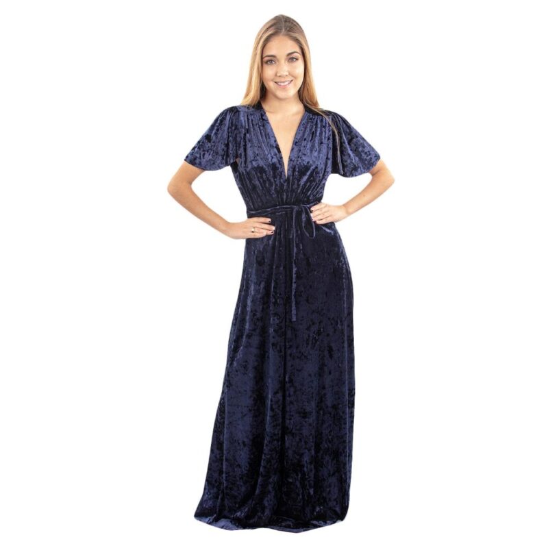 Vestido Largo York Azul Jaspeado Terciopelo Maria Paskaro