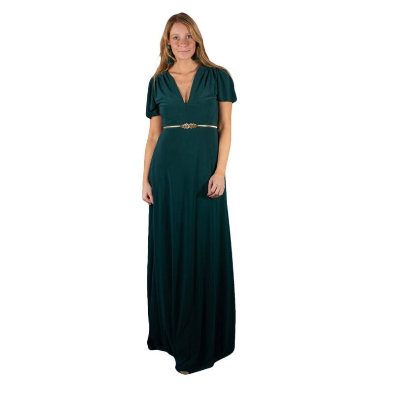 Vestido Largo York Verde Lycra Mangas Maria Paskaro