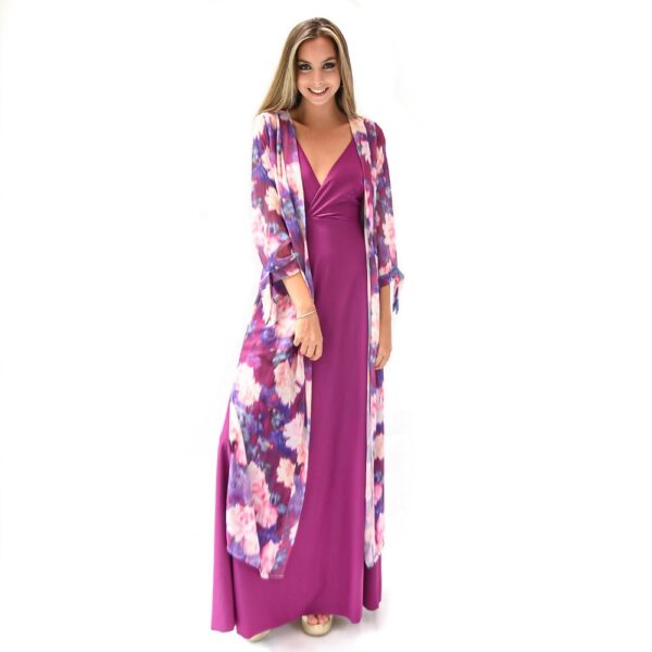 Tapado Kimono Larg Verona Morado Flores Chiffon Maria Paskaro