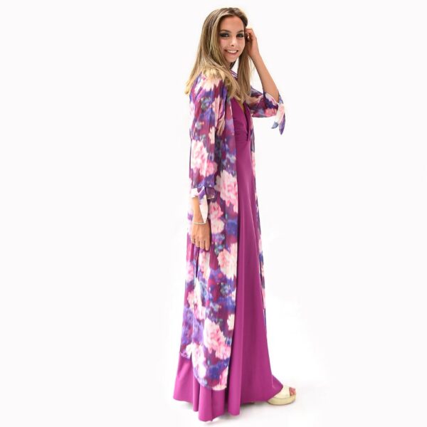 Tapado Kimono Larg Verona Morado Flores Chiffon Maria Paskaro - Imagen 2