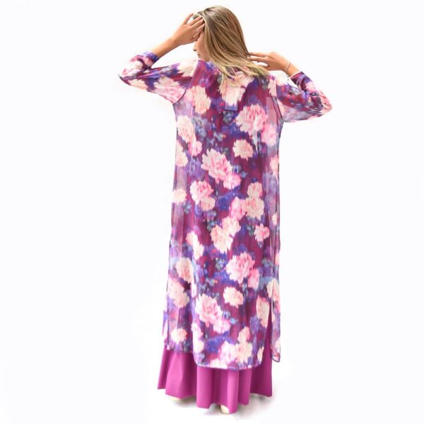Tapado Kimono Larg Verona Morado Flores Chiffon Maria Paskaro - Imagen 3