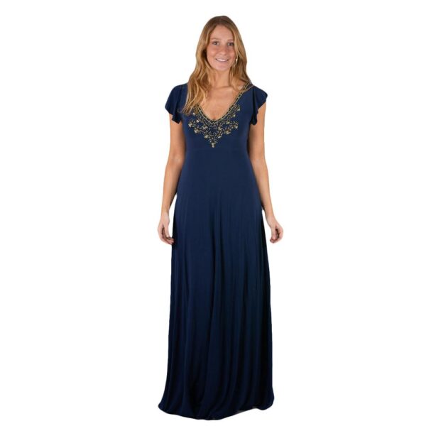 Vestido Largo Cairo Azul Marino Lycra Manguitas Bordado Maria Paskaro