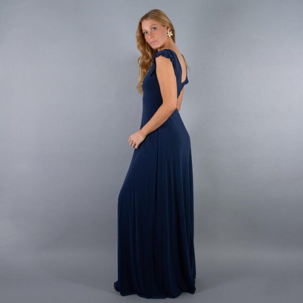 Vestido Largo Cairo Azul Marino Lycra Manguitas Bordado Maria Paskaro - Imagen 4