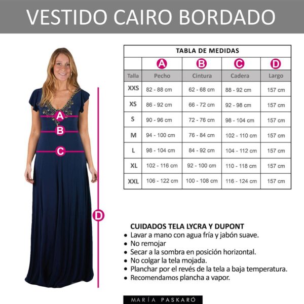 Vestido Largo Cairo Azul Marino Lycra Manguitas Bordado Maria Paskaro - Imagen 6