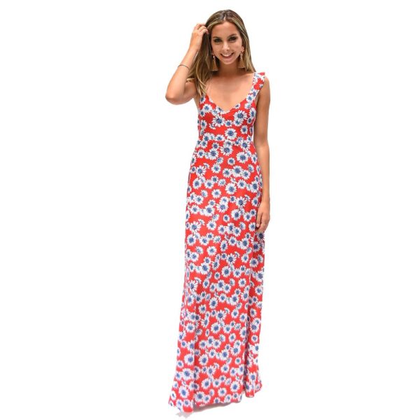 Vestido Largo Jaipur Flores Rojo Lycra Vuelitos Maria Paskaro