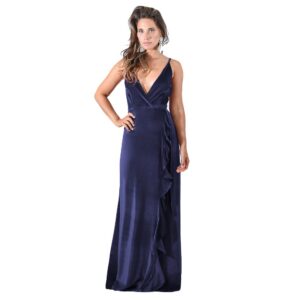 Vestido Largo Breda Azul Terciopelo Vuelos Cruzado Maria Paskaro
