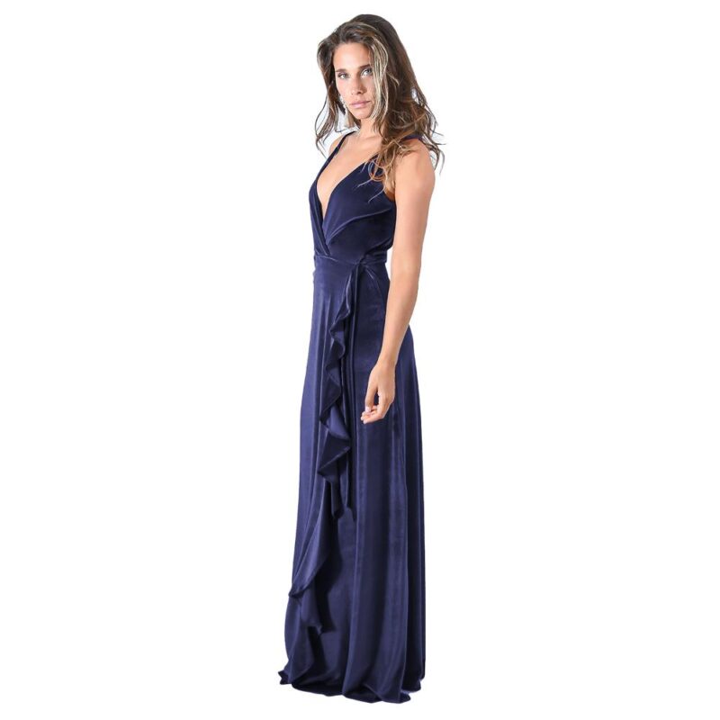 Vestido Largo Breda Azul Terciopelo Vuelos Cruzado Maria Paskaro