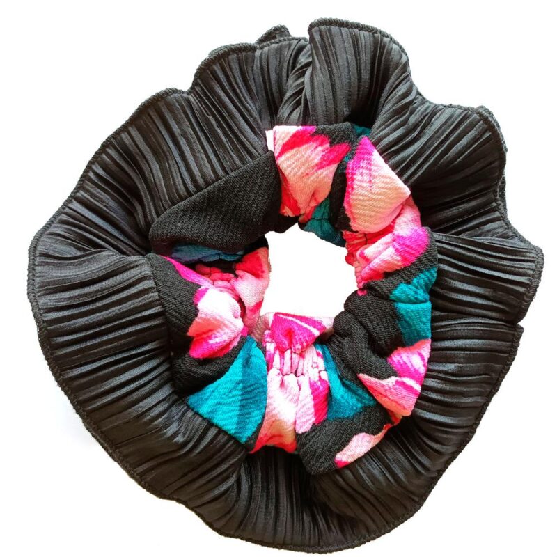 Scrunchie Collet Begonia XL Negro Flores Fucsia Maria Paskaro
