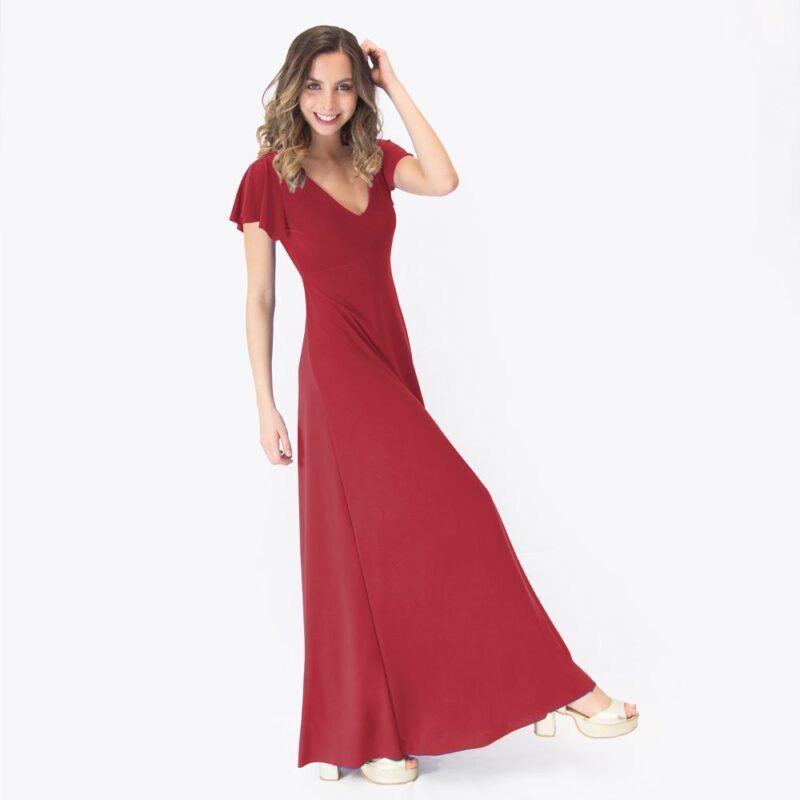 Vestido Largo Cairo Rojo Italiano Lycra Manguitas Maria Paskaro