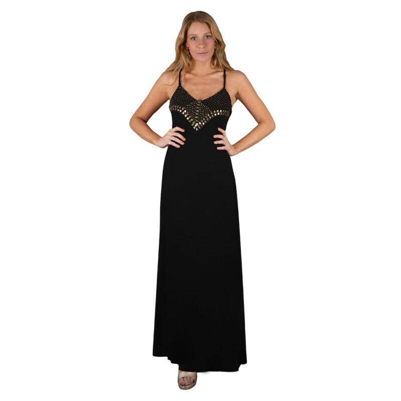 Vestido Largo Berlin Negro Lycra Bordado R Maria Paskaro