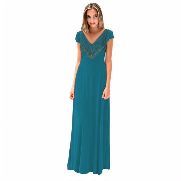 Vestido Largo Cairo Turquesa Lycra Bordado R Maria Paskaro