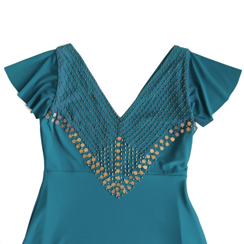Vestido Largo Cairo Turquesa Lycra Bordado R Maria Paskaro