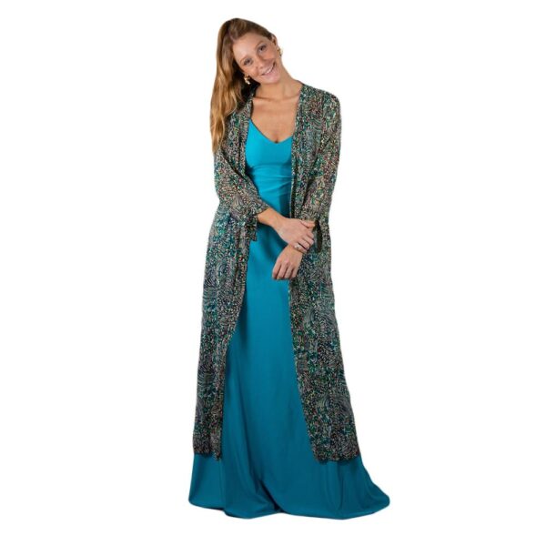 Tapado kImono Largo Verona Multicolor Turquesa Chiffon Maria Paskaro