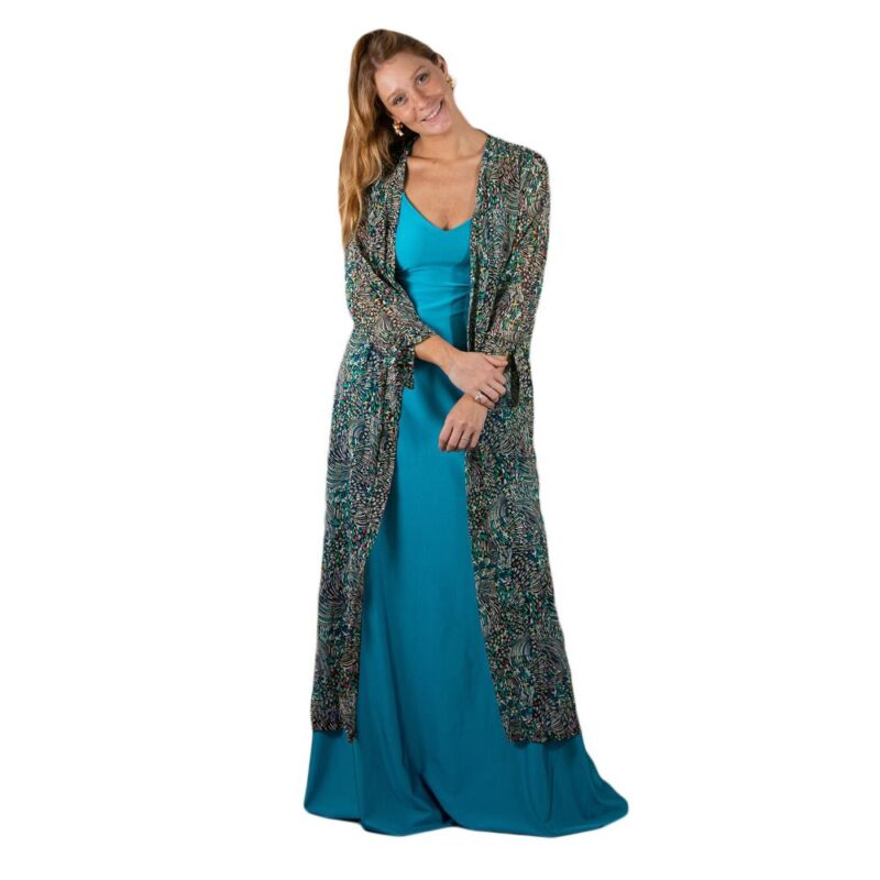 Tapado kImono Largo Verona Multicolor Turquesa Chiffon Maria Paskaro