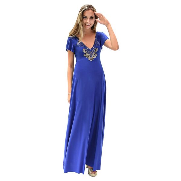 Vestido Largo Mangas Azul Lycra Lazo Espalda Bordado A Mano Maria Paskaro