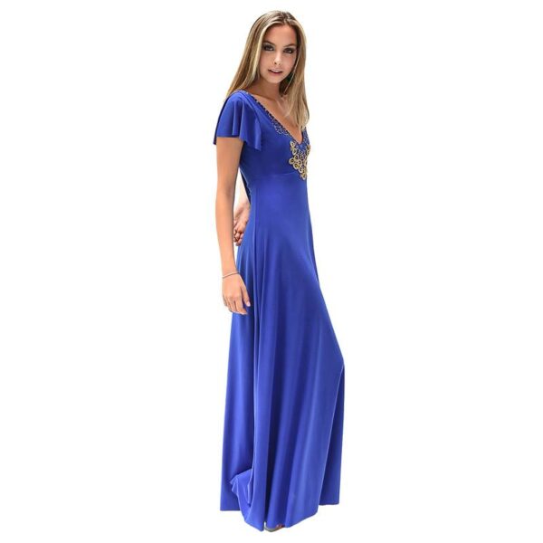 Vestido Largo Mangas Azul Lycra Lazo Espalda Bordado A Mano Maria Paskaro - Imagen 2