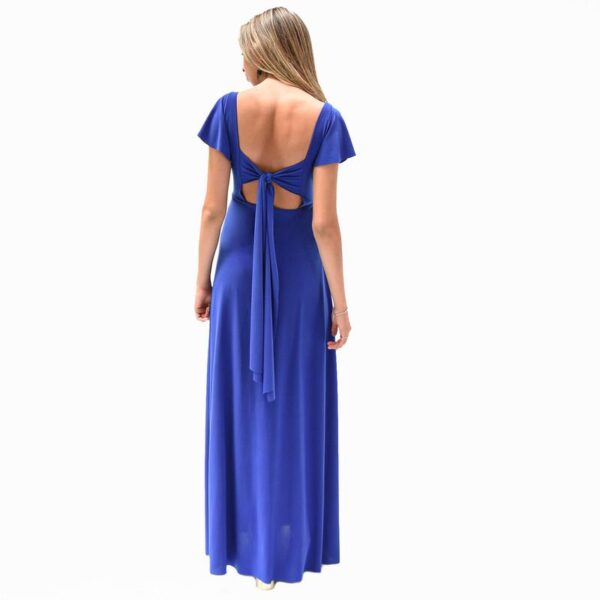Vestido Largo Mangas Azul Lycra Lazo Espalda Bordado A Mano Maria Paskaro - Imagen 3