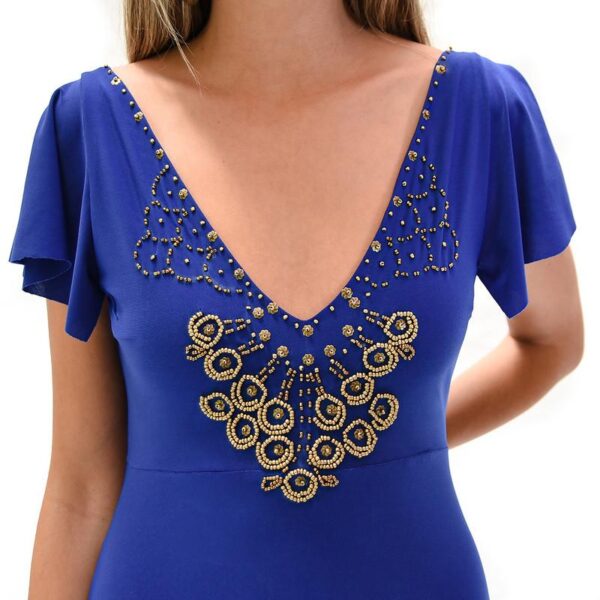 Vestido Largo Mangas Azul Lycra Lazo Espalda Bordado A Mano Maria Paskaro - Imagen 4