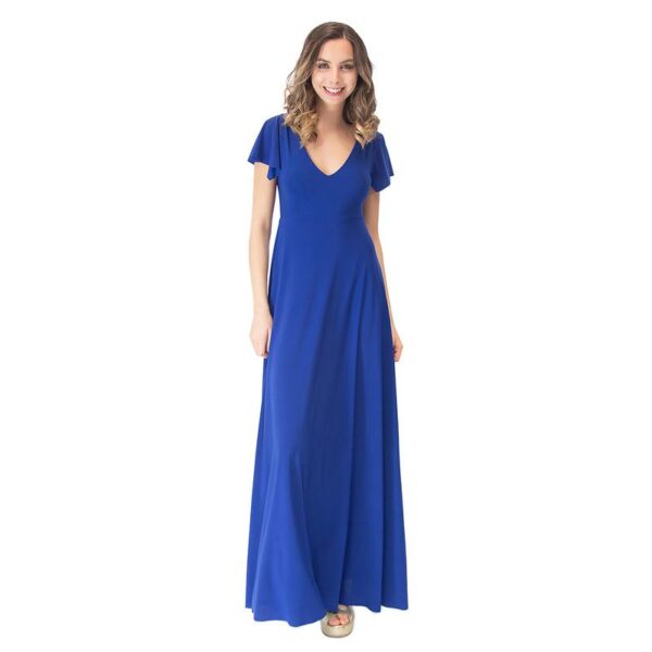Vestido Largo Mangas Azul Lycra Lazo Espalda Maria Paskaro
