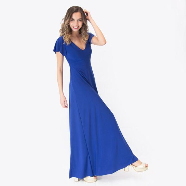 Vestido Largo Mangas Azul Lycra Lazo Espalda Maria Paskaro - Imagen 2