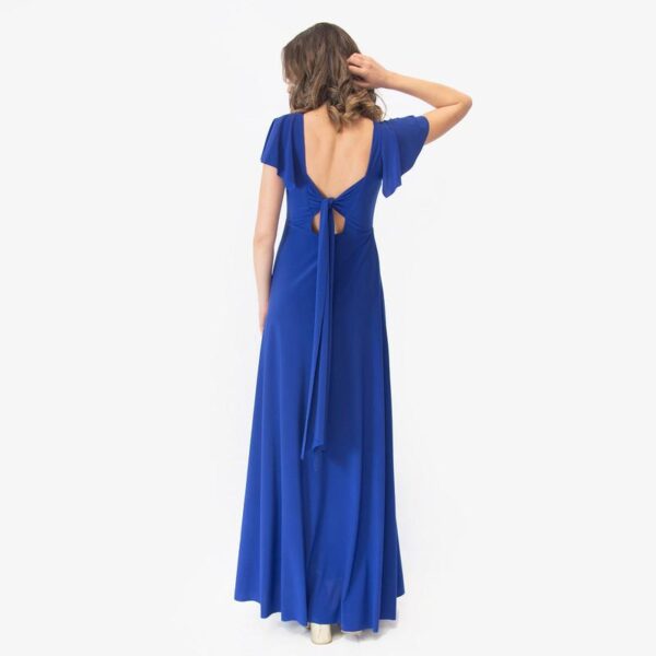 Vestido Largo Mangas Azul Lycra Lazo Espalda Maria Paskaro - Imagen 3