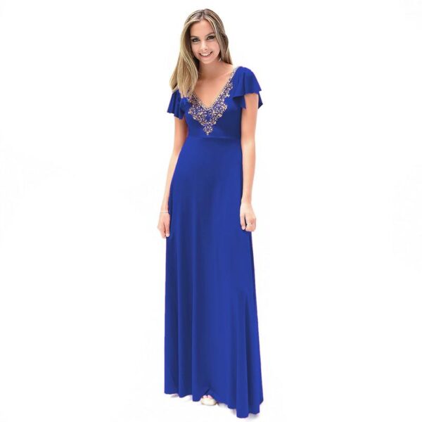 Vestido Largo Mangas Azul Lycra Lazo Espalda Bordado A Mano B Maria Paskaro