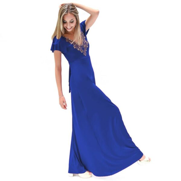 Vestido Largo Mangas Azul Lycra Lazo Espalda Bordado A Mano B Maria Paskaro - Imagen 2