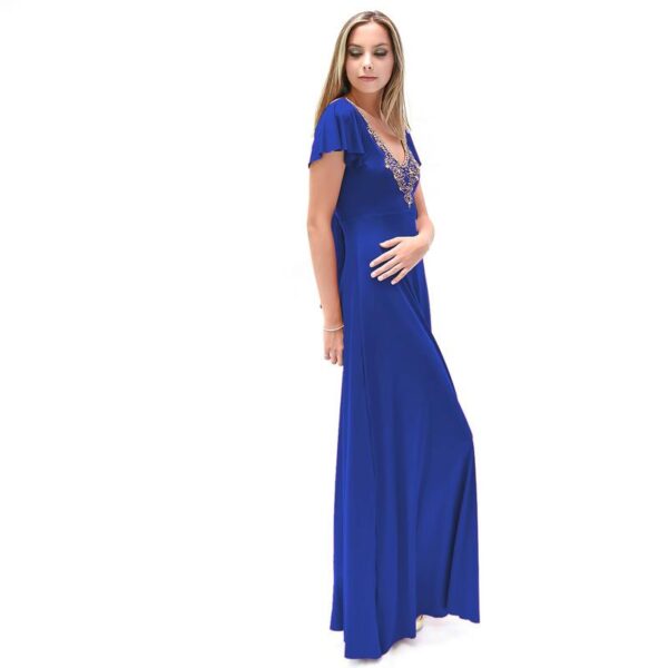 Vestido Largo Mangas Azul Lycra Lazo Espalda Bordado A Mano B Maria Paskaro - Imagen 3