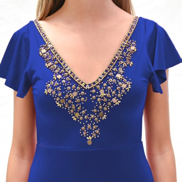 Vestido Largo Mangas Azul Lycra Lazo Espalda Bordado A Mano B Maria Paskaro - Imagen 5