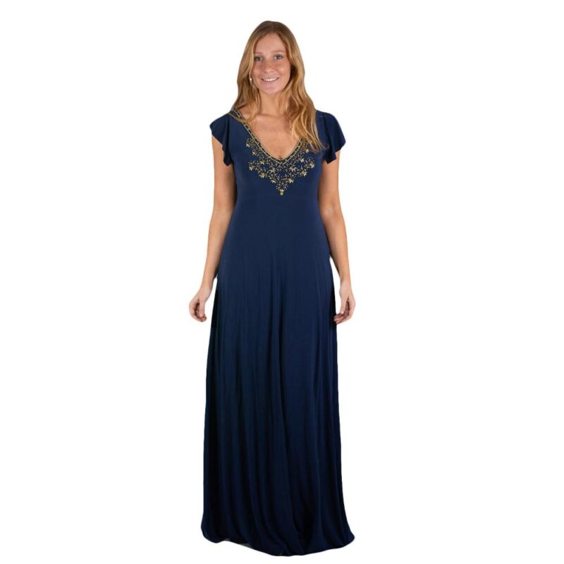 Vestido Largo Mangas Azul Marino Lycra Lazo Espalda Bordado A Mano Maria Paskaro