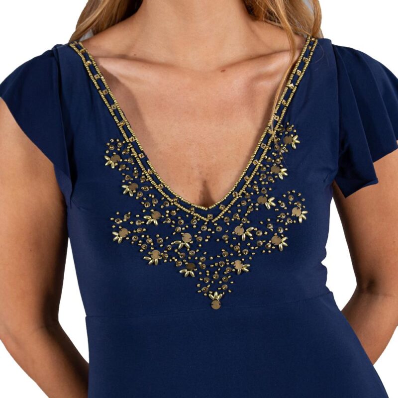 Vestido Largo Mangas Azul Marino Lycra Lazo Espalda Bordado A Mano Maria Paskaro