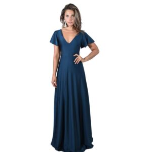 Vestido Largo Mangas Turquesa Oscuro Lycra Lazo Espalda Maria Paskaro
