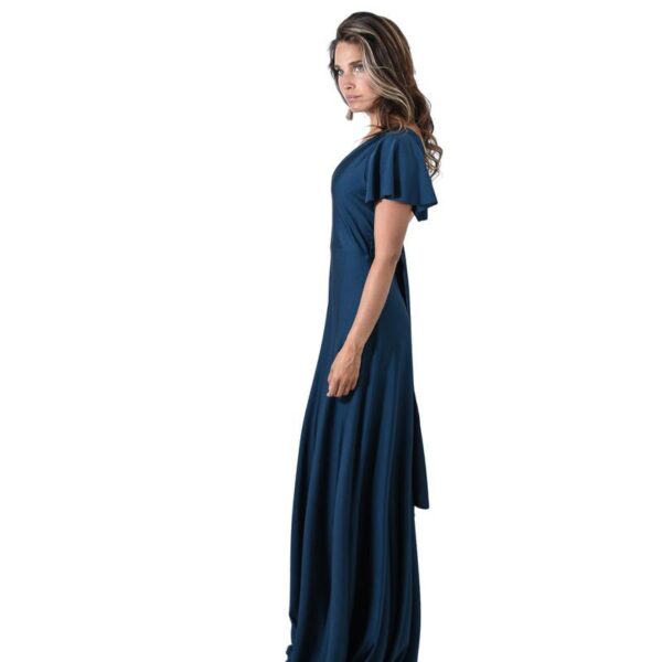 Vestido Largo Mangas Turquesa Oscuro Lycra Lazo Espalda Maria Paskaro - Imagen 2