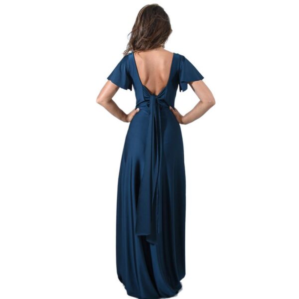 Vestido Largo Mangas Turquesa Oscuro Lycra Lazo Espalda Maria Paskaro - Imagen 3