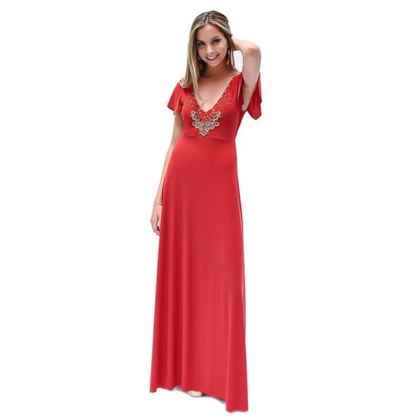 Vestido Largo Mangas Rojo Italiano Lycra Lazo Espalda Bordado A Mano Maria Paskaro