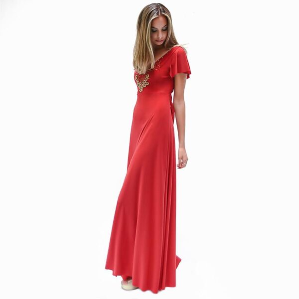 Vestido Largo Mangas Rojo Italiano Lycra Lazo Espalda Bordado A Mano Maria Paskaro - Imagen 2